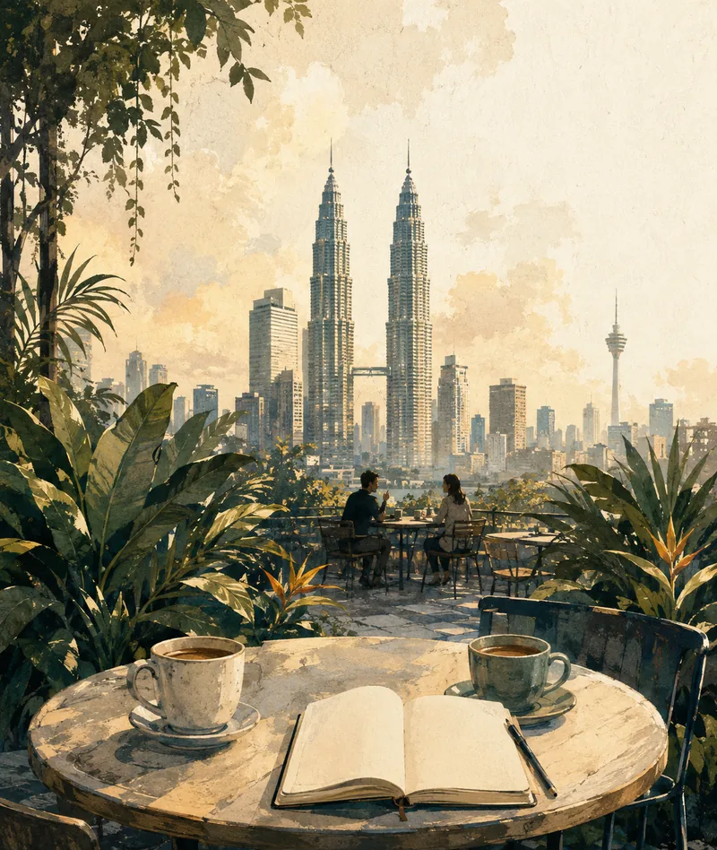 An illustrated café terrace with two people talking, coffee and an open notebook, overlooking Kuala Lumpur’s twin towers.